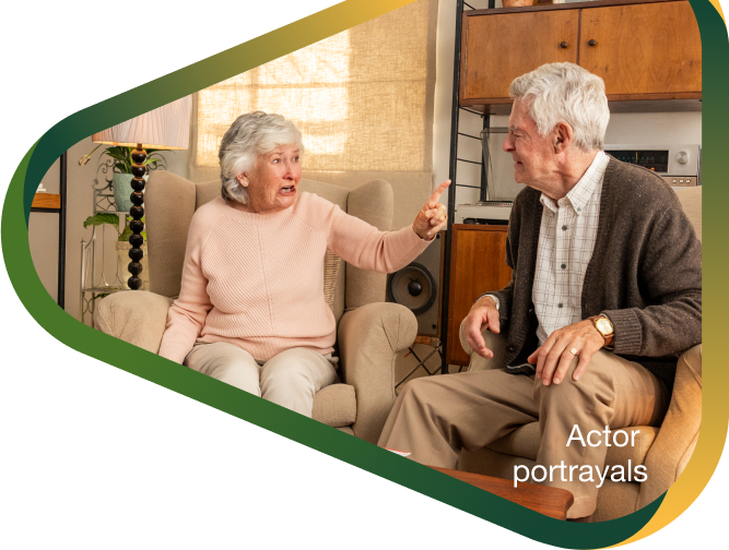 Actor portrayal of an elderly couple having an emotional reaction to the distressful and behavioral burden of Alzheimer's dementia disease.
