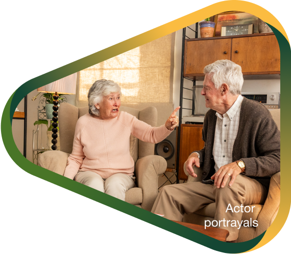 Actor portrayal of an elderly couple having an emotional reaction to the distressful and behavioral burden of Alzheimer's dementia disease.